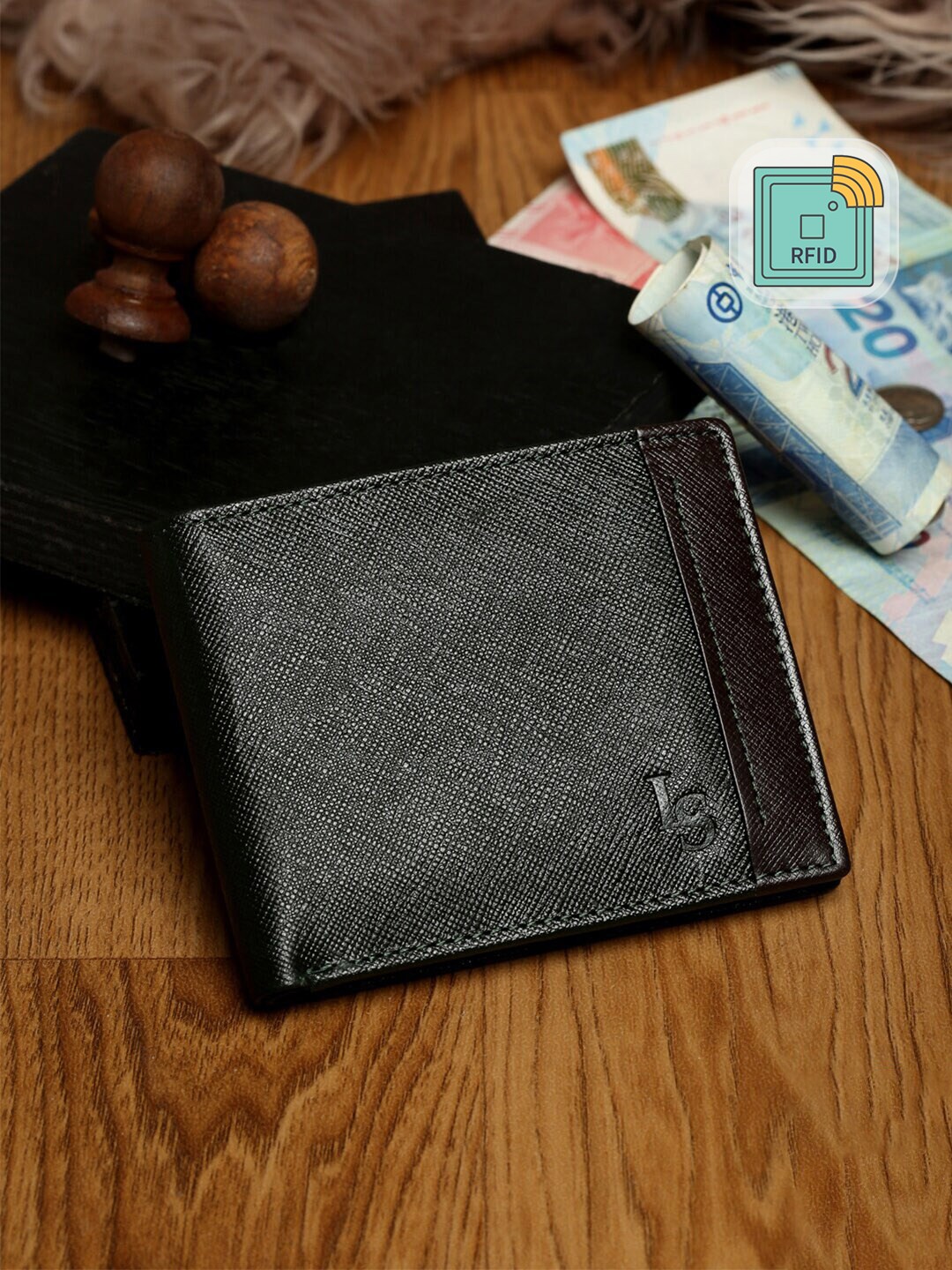

LOUIS STITCH Green Saffiano Leather Two Fold Slim Wallet Purse for Men