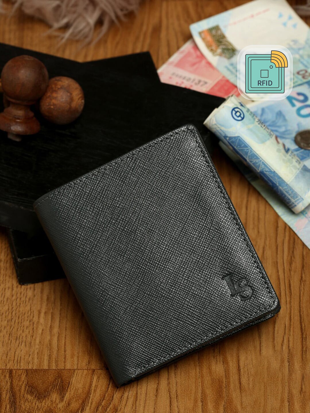 

LOUIS STITCH Saffiano Leather Grey Bifold Wallet for Men, RFID Protected Slim Wallet Purse