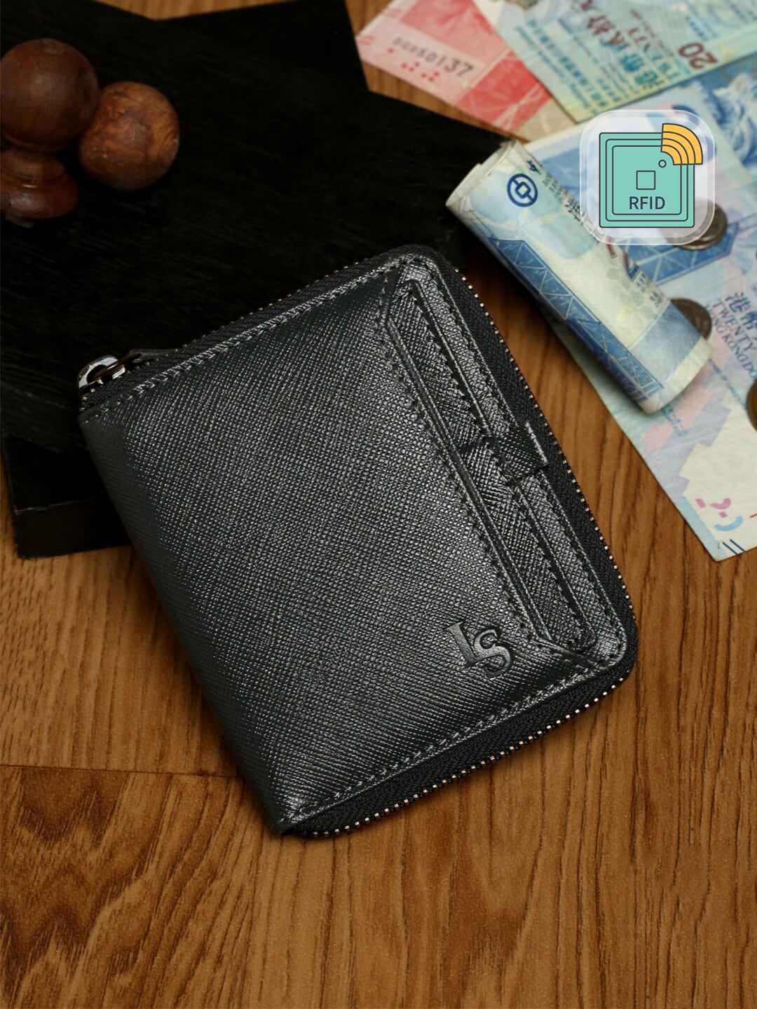 

LOUIS STITCH Men Grey Saffiano Leather Two fold Zipper Wallet Purse, Black