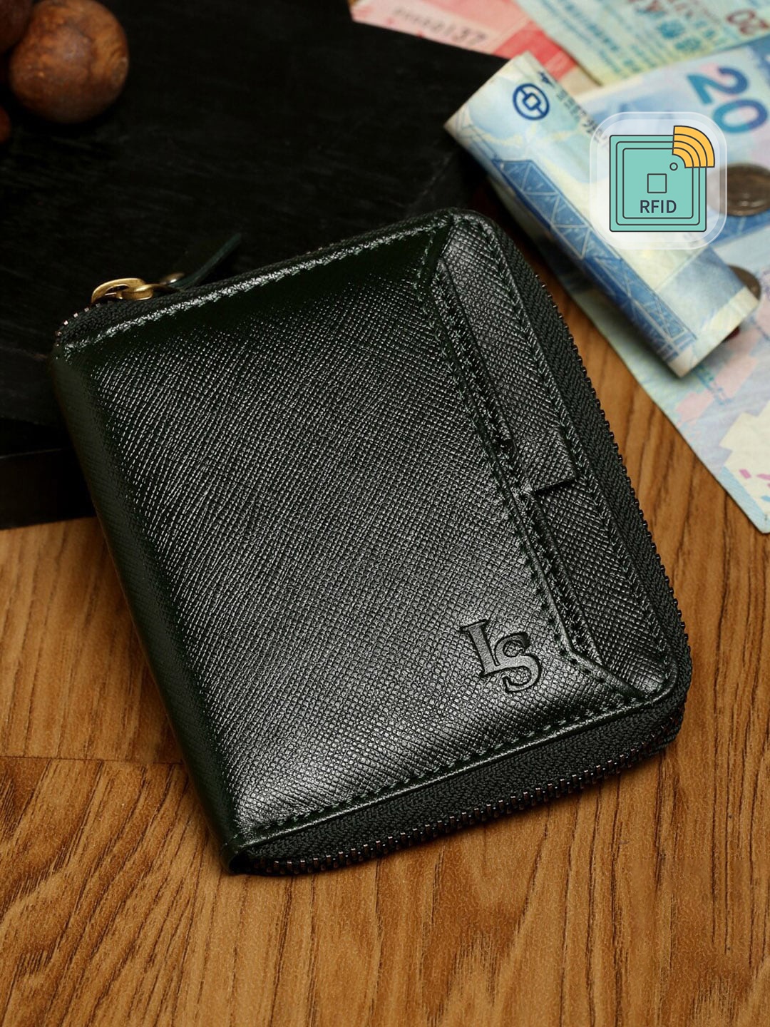 

Louis Stitch Green Saffiano Leather Two Fold Men's Zipper Wallet Purse