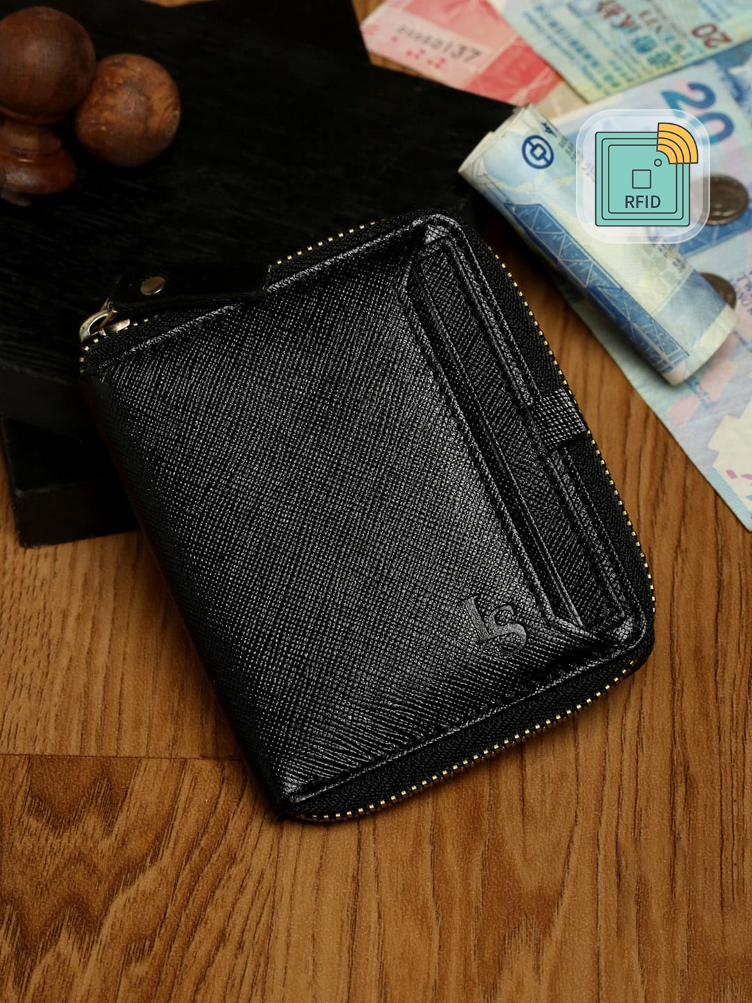 

LOUIS STITCH Black Saffiano Leather Two fold Men's Zipper Wallet Purse