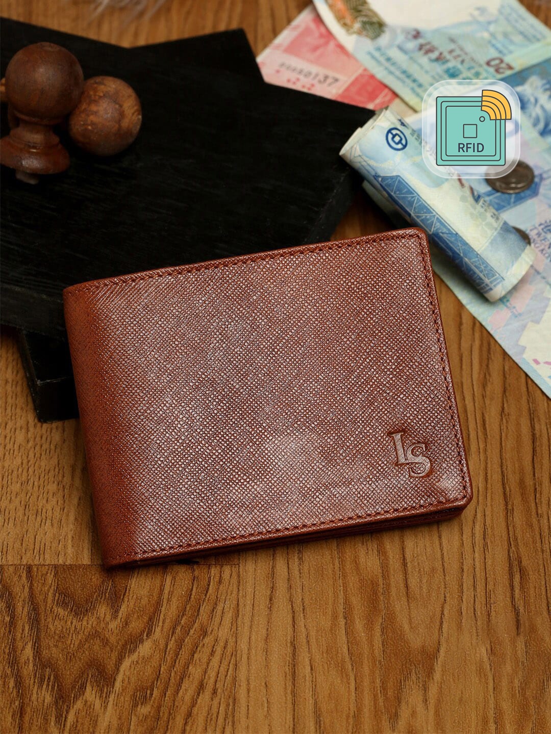 

LOUIS STITCH Saffiano Leather Men's Tan Bi-fold Slim Wallet with RFID Protection, Brown