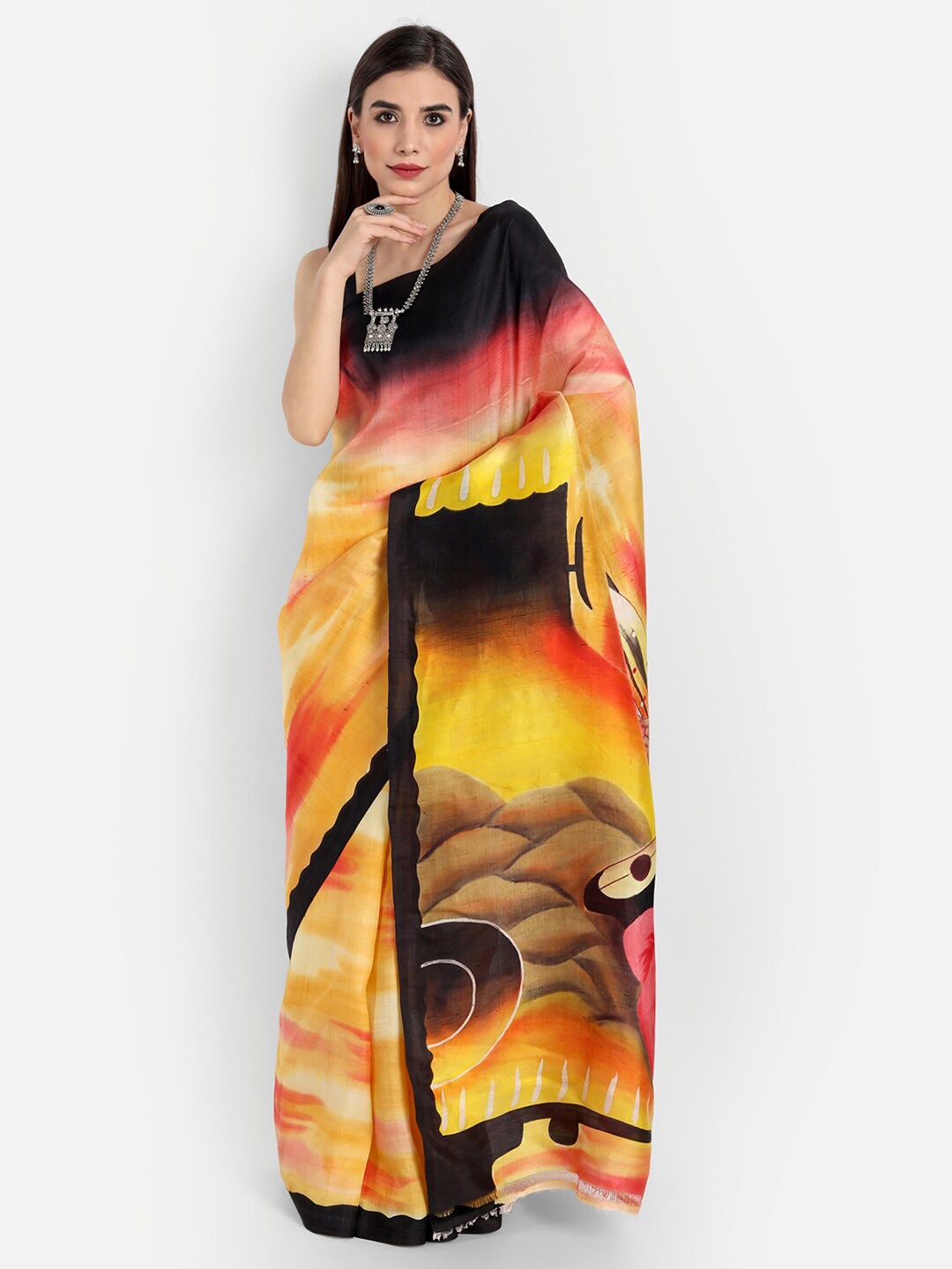 

Fibre World Black & Yellow Pure Silk Murshidabad Saree
