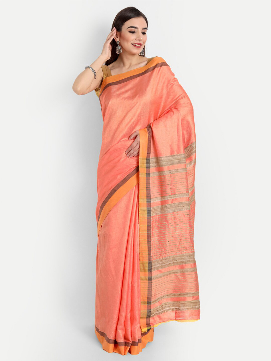

Fibre World Orange & Grey Pure Cotton Maheshwari Saree