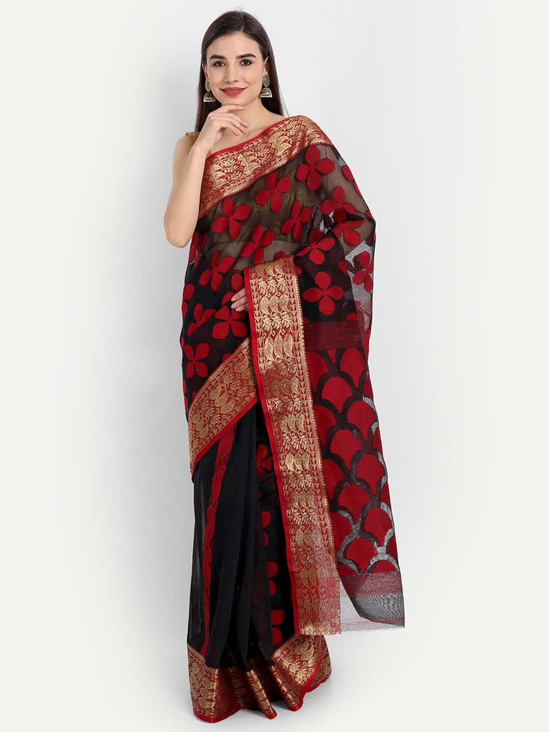 

Fibre World Black & Red Floral Pure Cotton Jamdani Saree