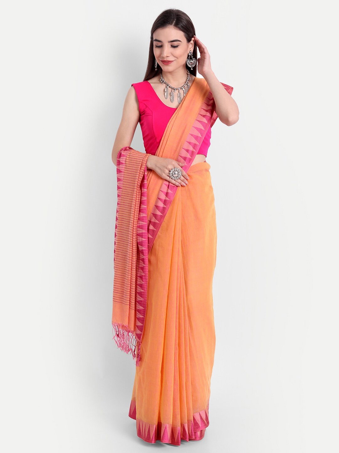 

Fibre World Orange & Pink Printed Border Pure Cotton Jamdani Saree