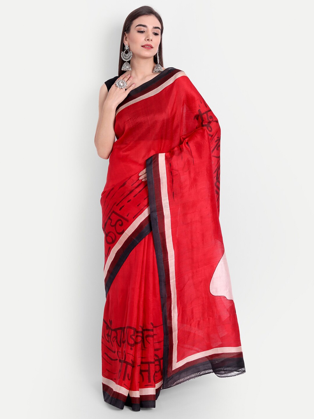 

Fibre World Red & Black Ethnic Motifs Printed Pure Silk Saree