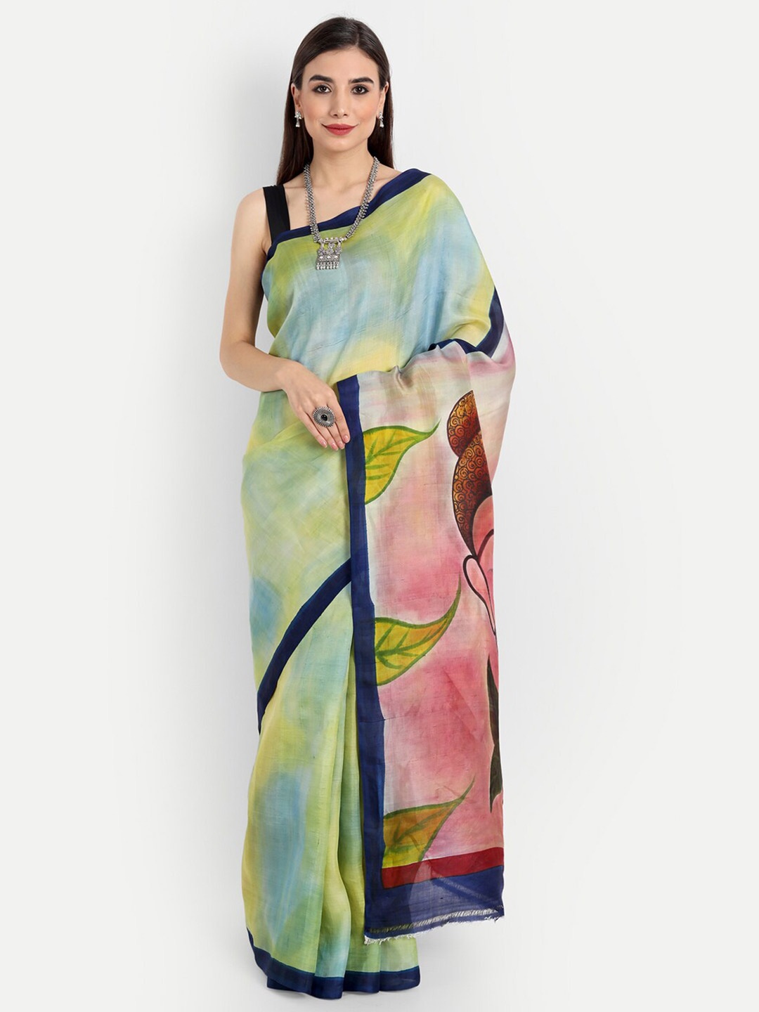 

Fibre World Green & Peach-Coloured Floral Pure Silk Murshidabad silk Saree