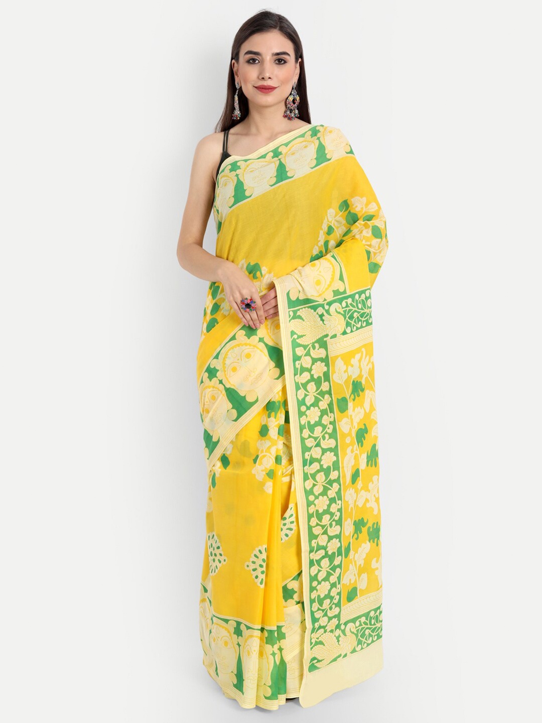 

Fibre World Yellow & Green Ethnic Motifs Pure Cotton Mangalagiri Saree