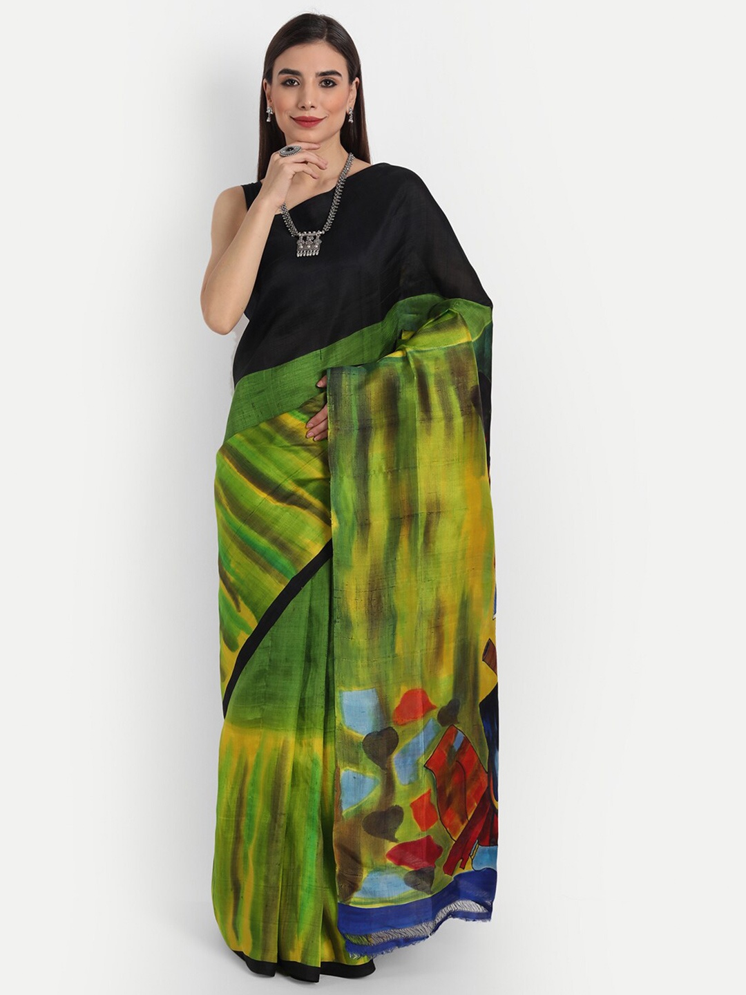 

Fibre World Black & Gree Handpainted Radha Krishna Saree Pure Silk Saree