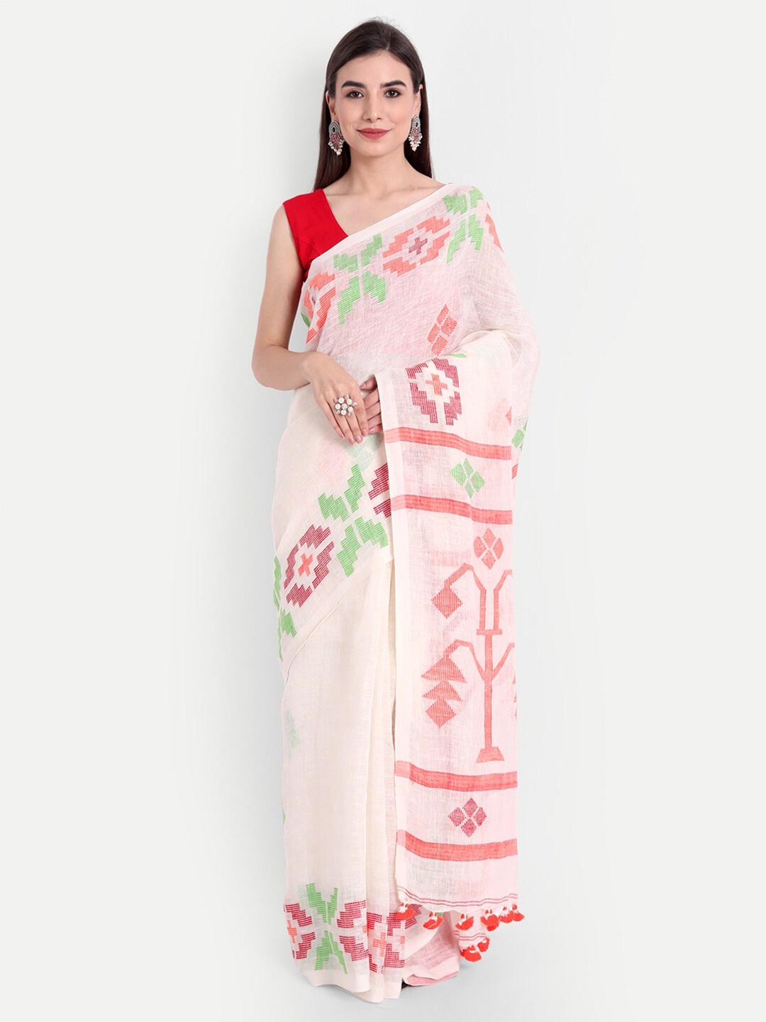 

Fibre World White & Pink Floral Pure Linen Jamdani Saree