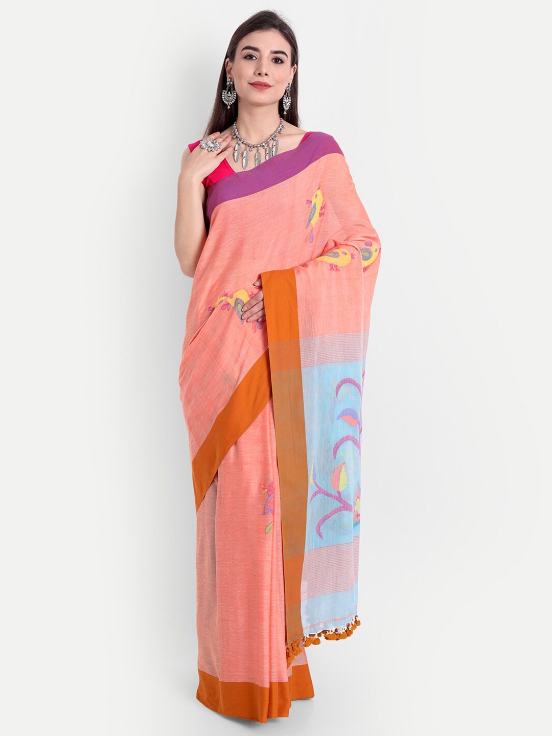 

Fibre World Peach-Coloured & Yellow Ethnic Motifs Pure Linen Jamdani Saree