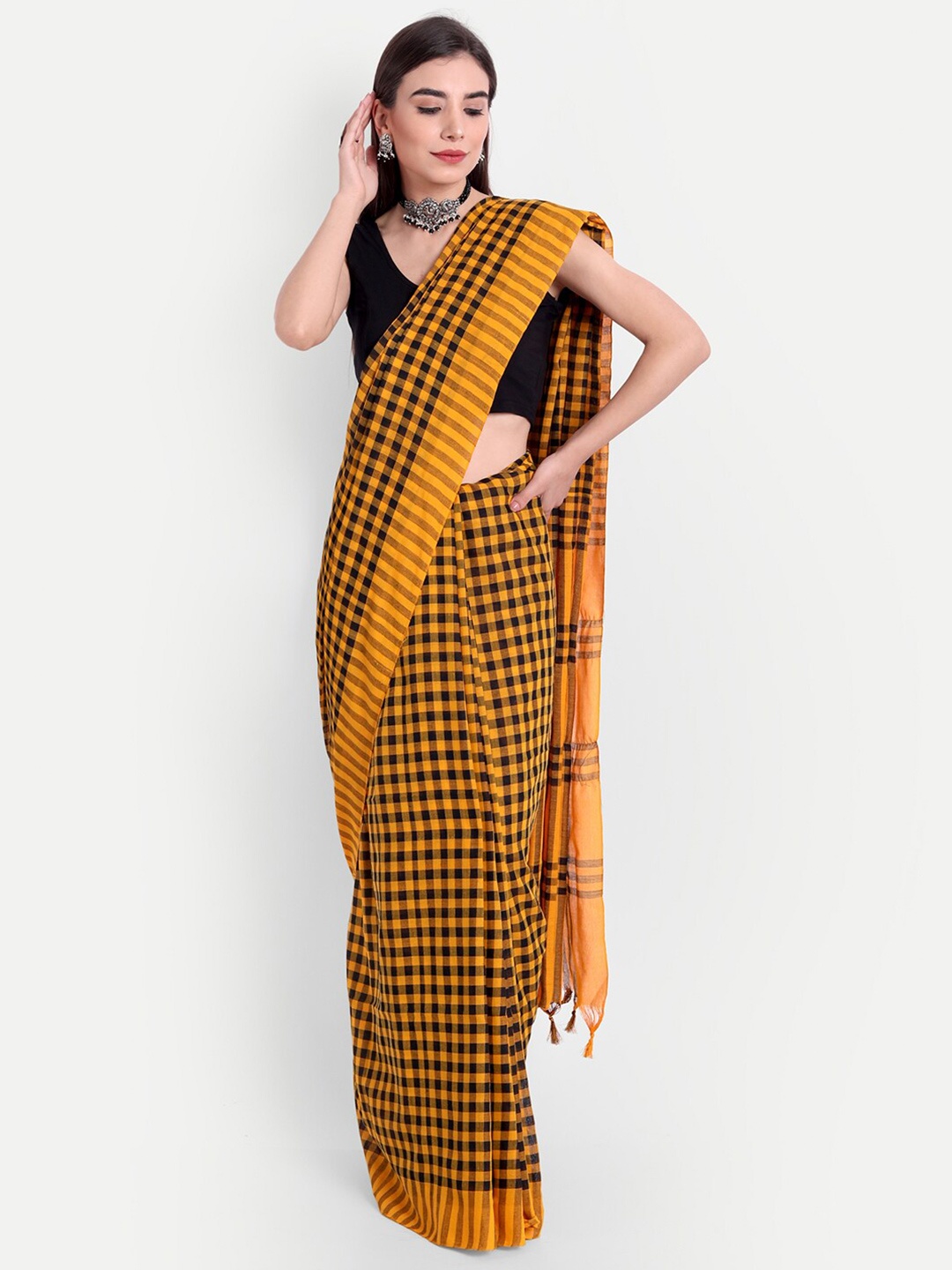

Fibre World Mustard & Black Checked Zari Saree