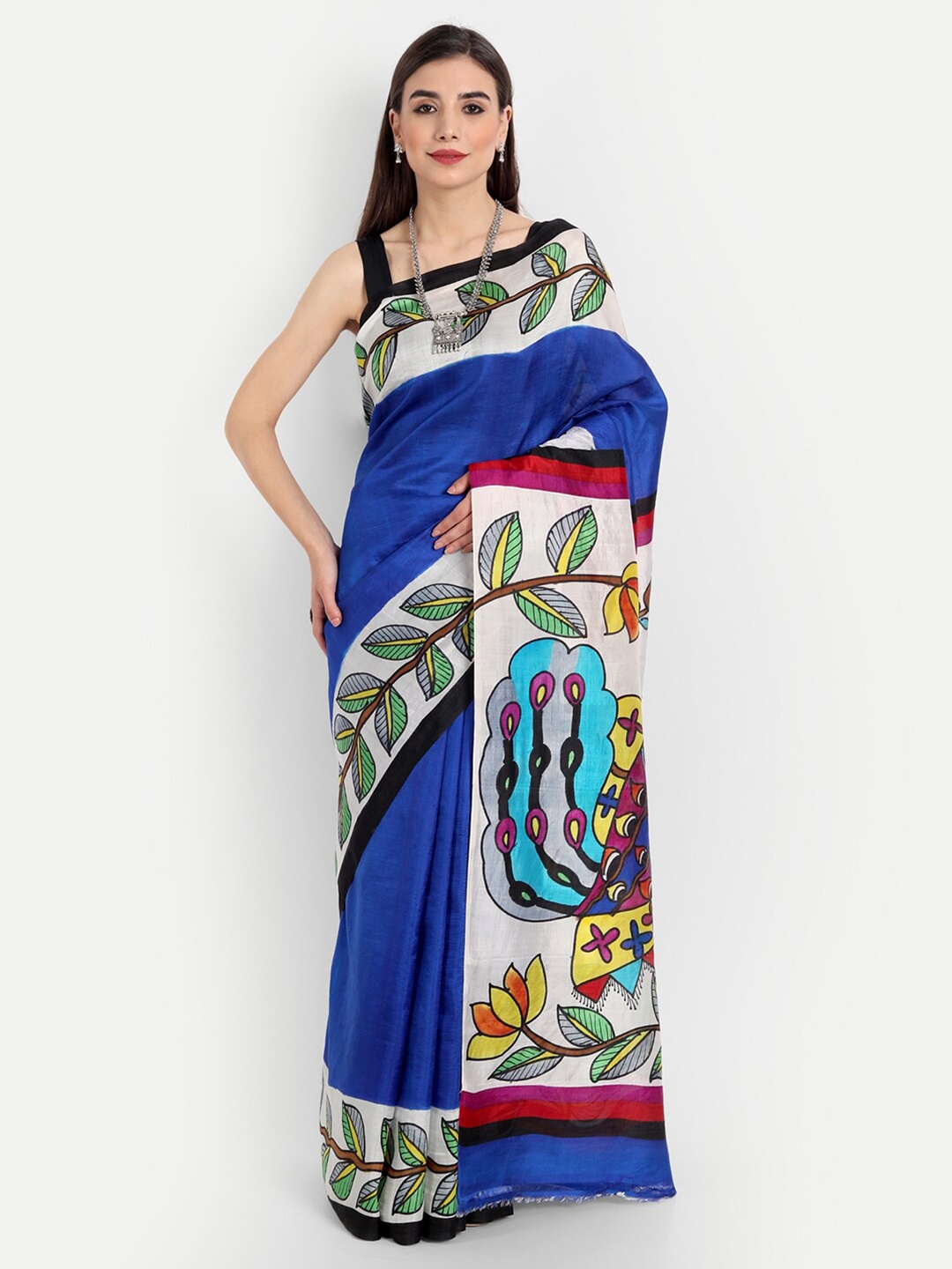 

Fibre World Blue & White Floral Printed Murshidabad silk Saree