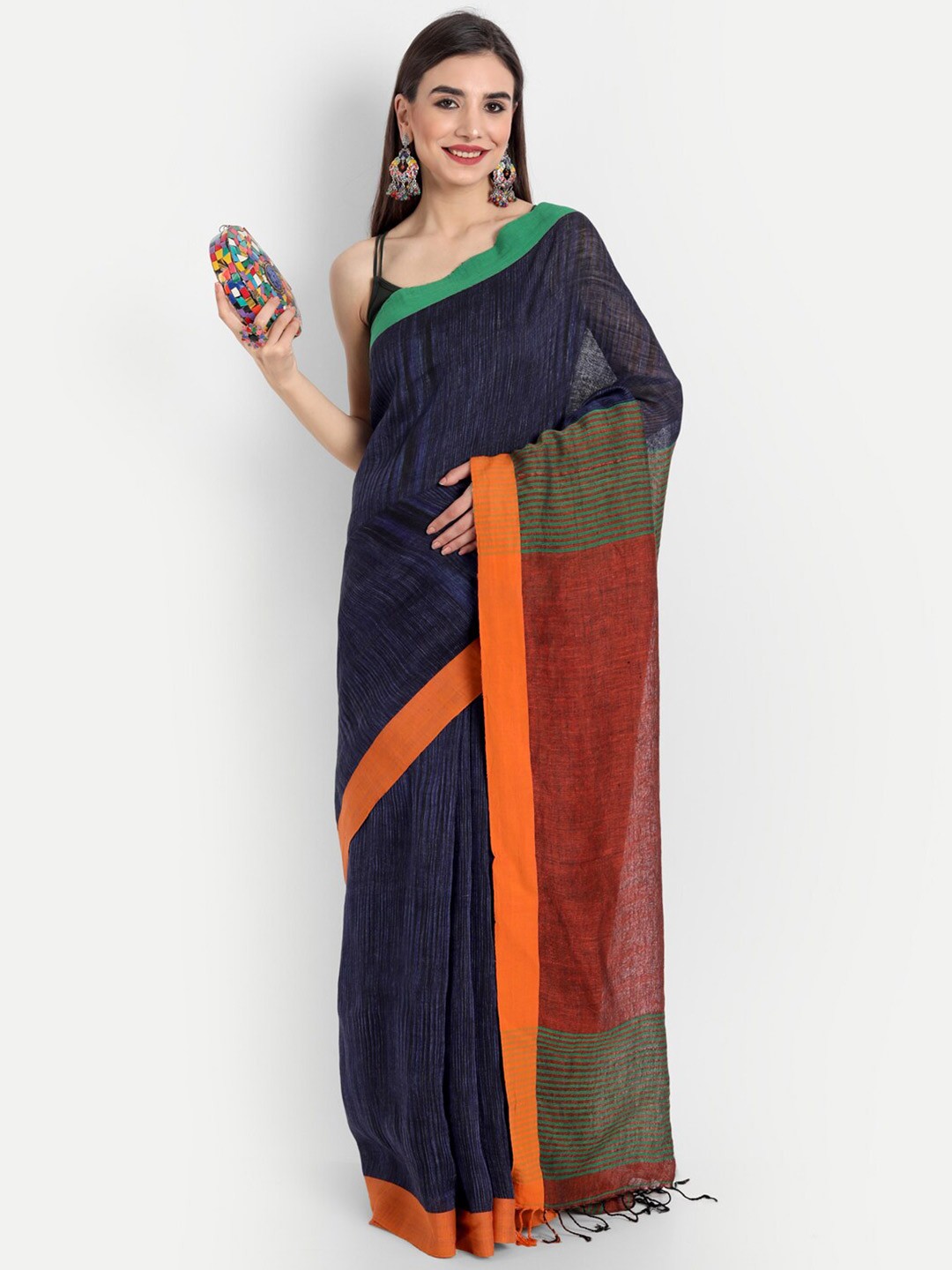 

Fibre World Navy Blue & Orange Woven Design Pure Linen Bhagalpuri Saree