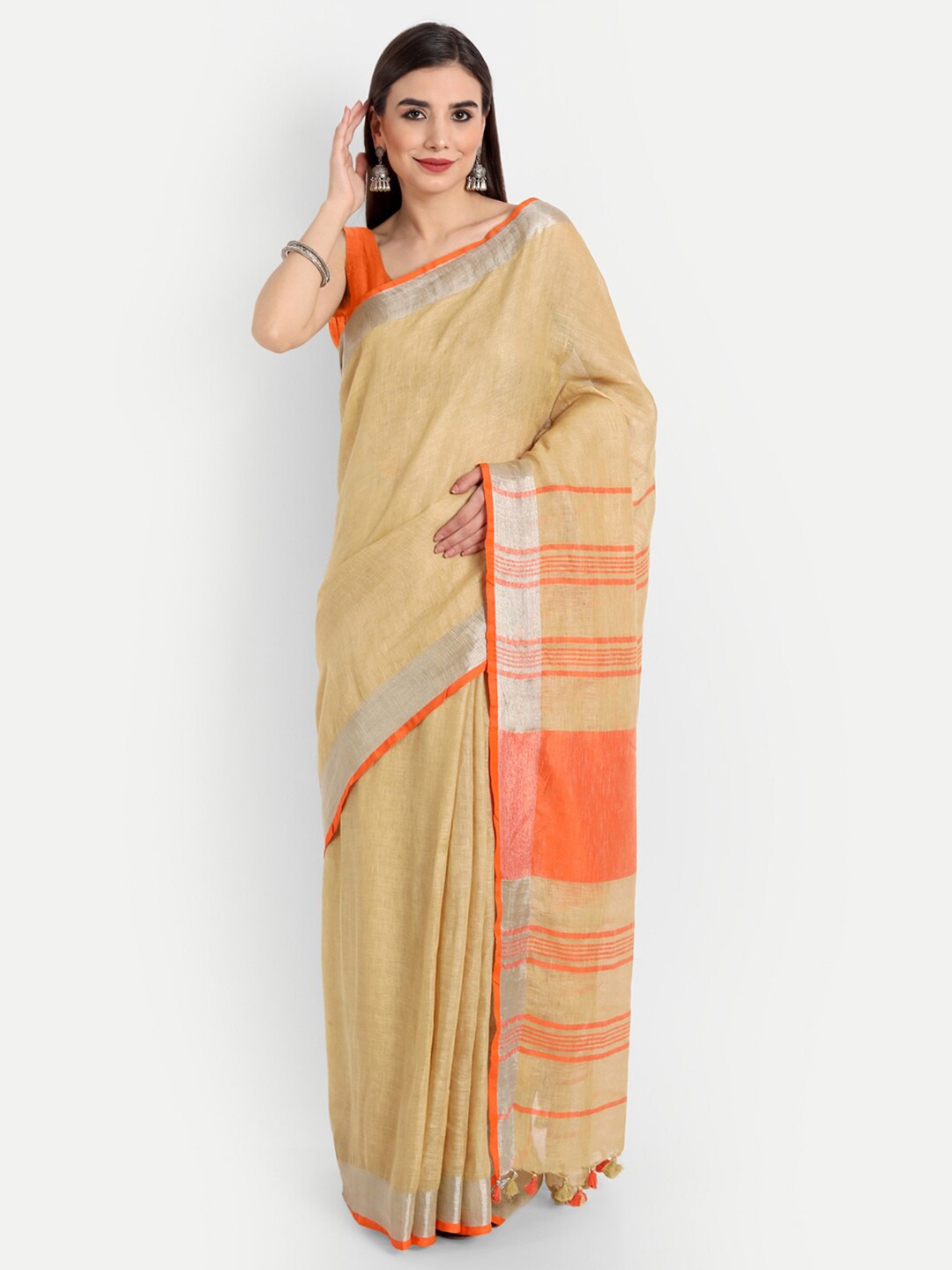 

Fibre World Beige & Orange Zari Pure Linen Bhagalpuri Saree