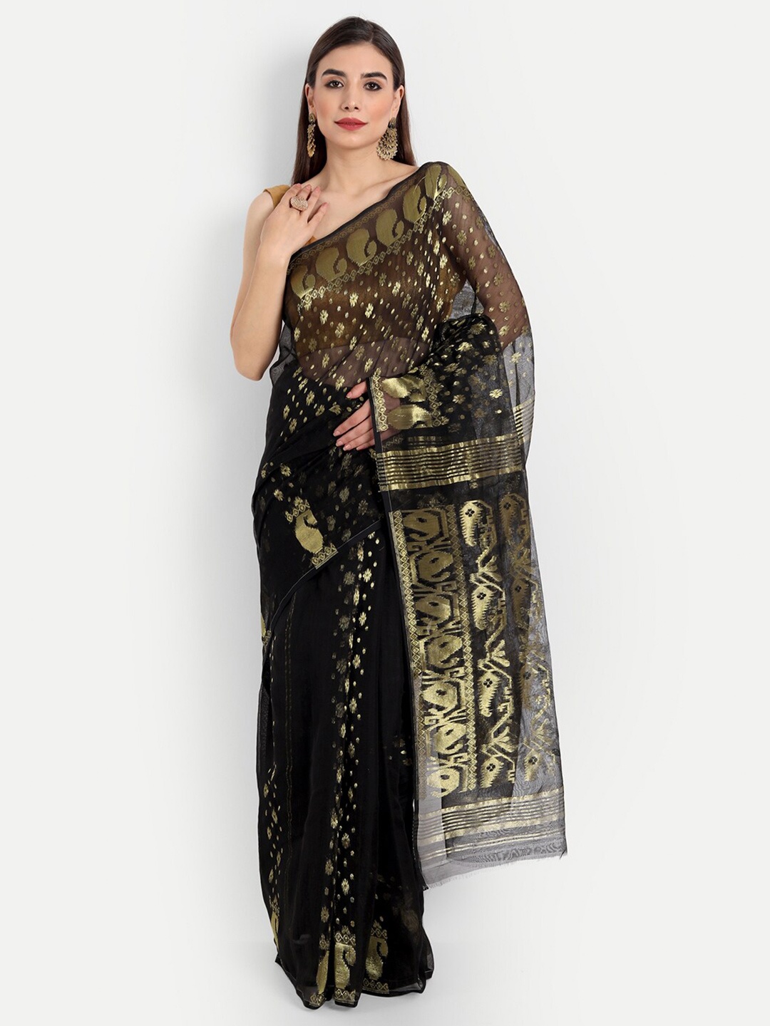 

Fibre World Black & Gold-Toned Woven Design Zari Pure Cotton Jamdani Saree