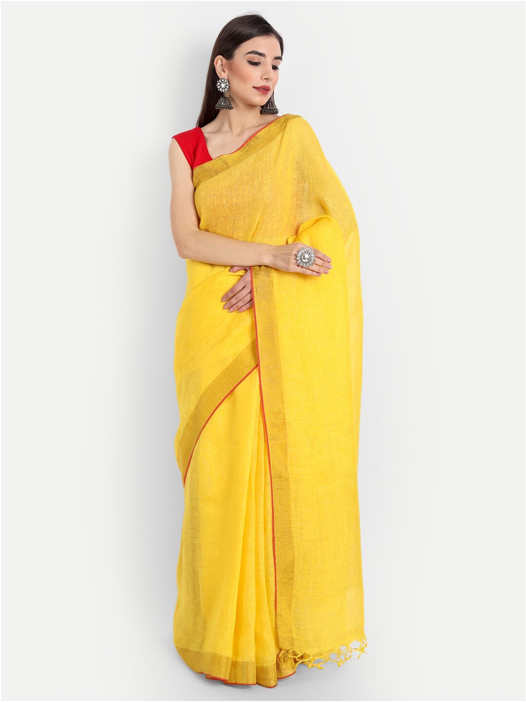 

Fibre World Yellow & Red Pure Linen Bhagalpuri Saree