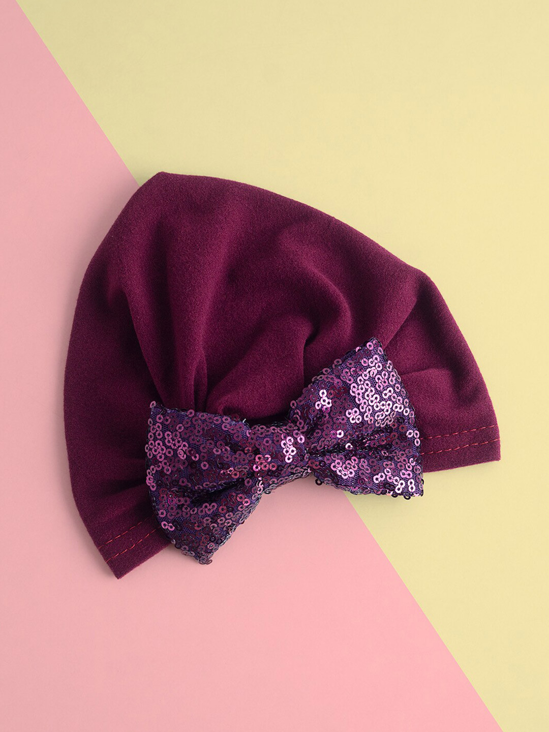 

Golden Peacock Girls Burgundy & Magenta Sequined Embellished Bow Turban Cap