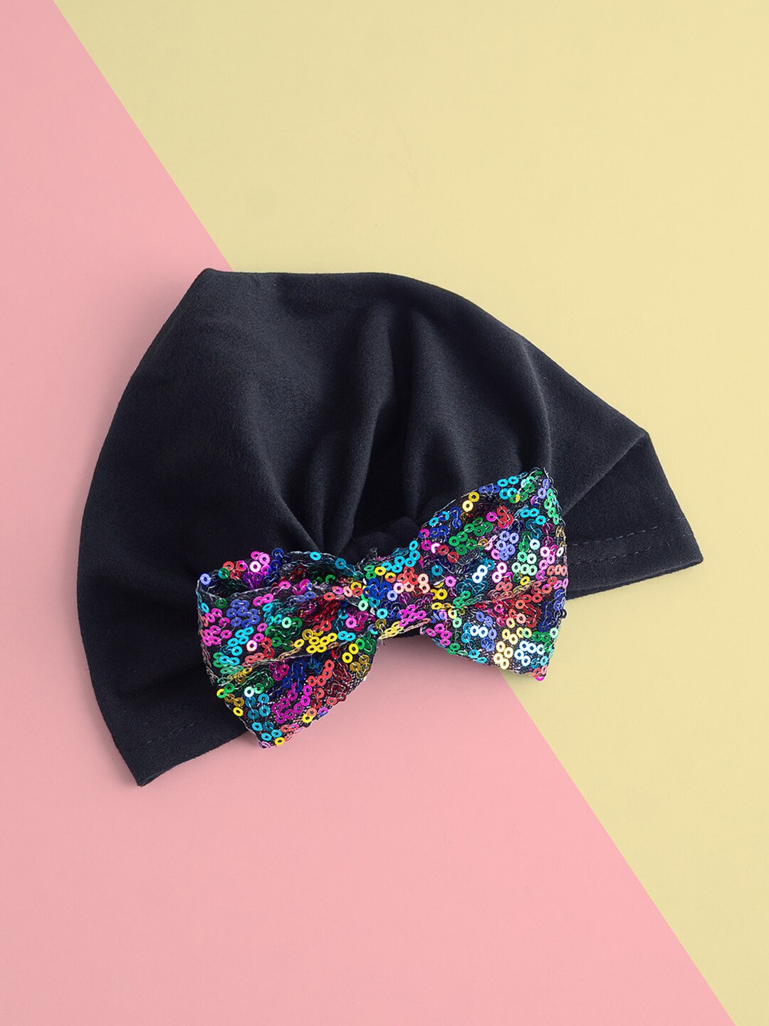

Golden Peacock Girls Black & Blue Embroidered Sequined Embellished Bow Beanie
