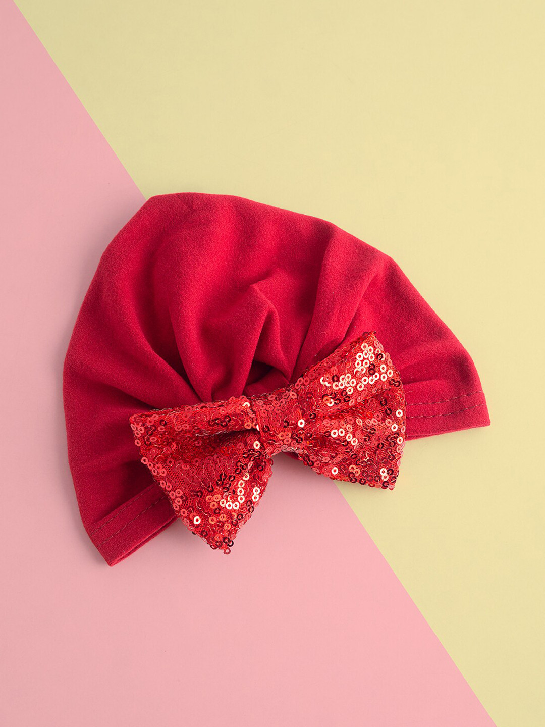

Golden Peacock Girls Red Embroidered Bow Turban Cap