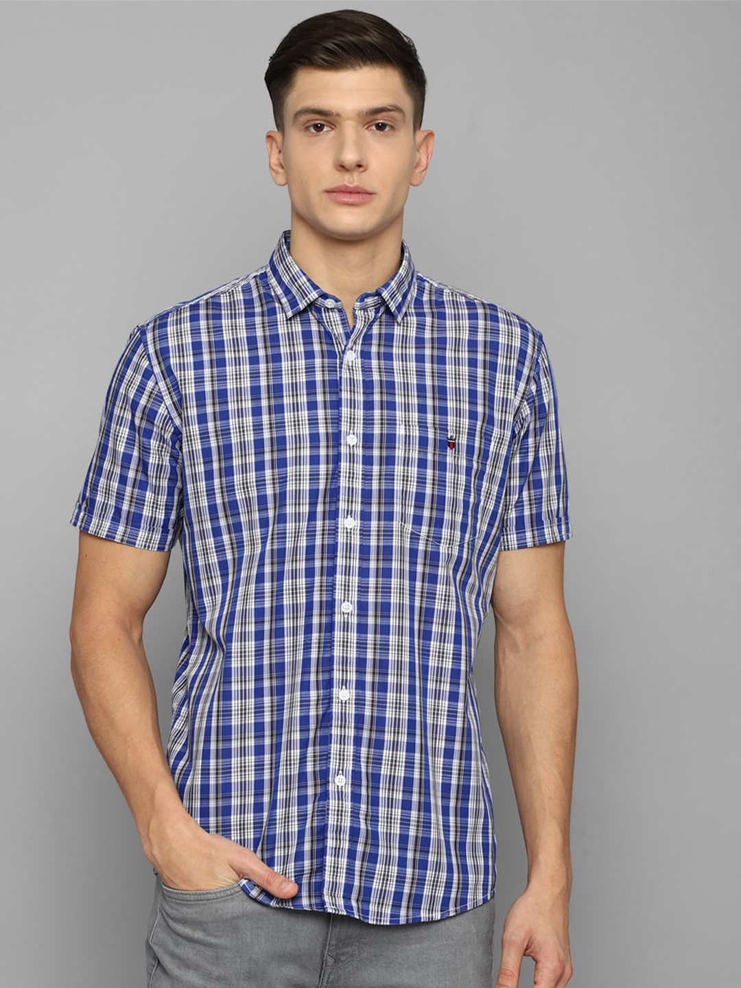 

Louis Philippe Jeans Men Blue Slim Fit Tartan Checks Checked Casual Shirt