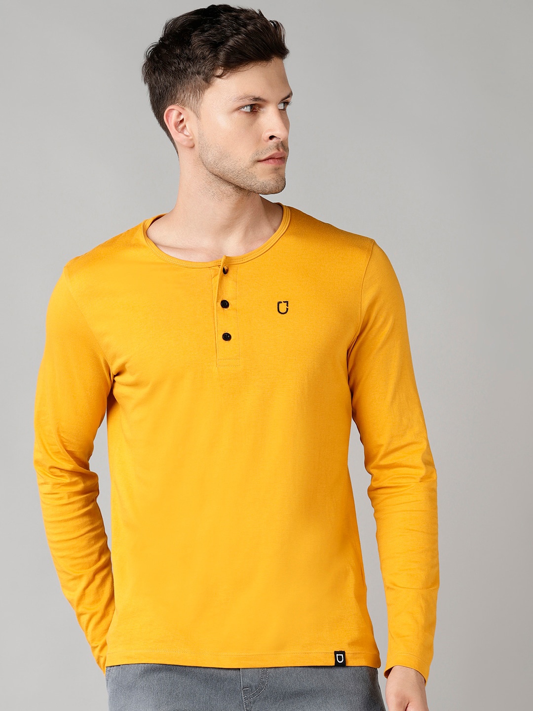 

Urbano Fashion Men Yellow Henley Neck Slim Fit T-shirt