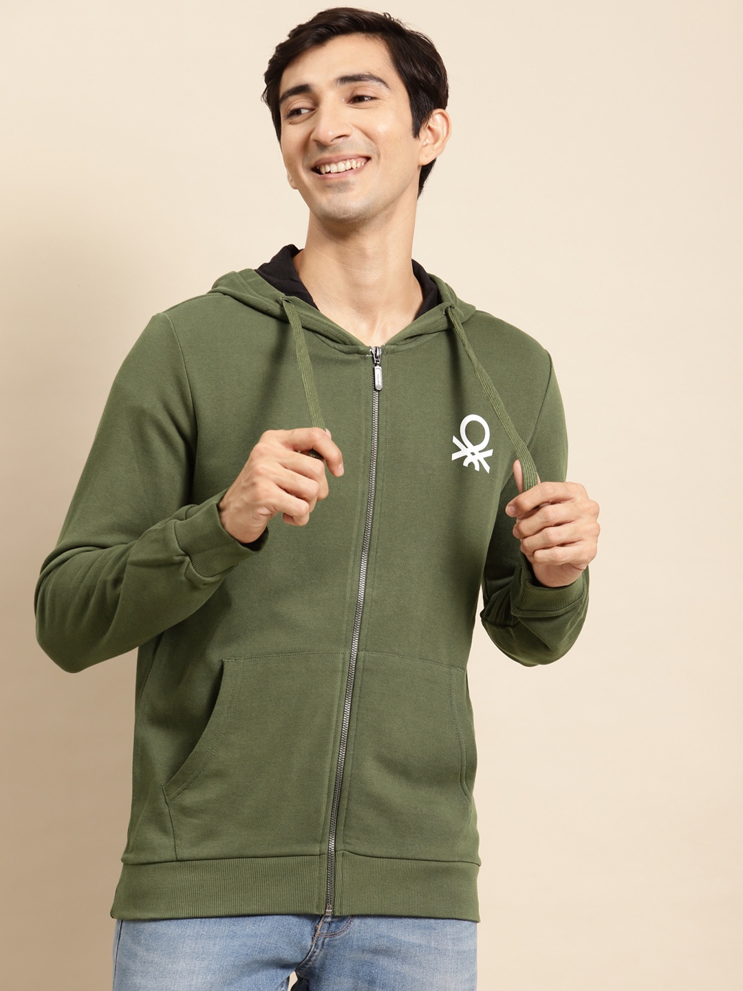 

United Colors of Benetton Men Olive Green Hooded Sweatshirt