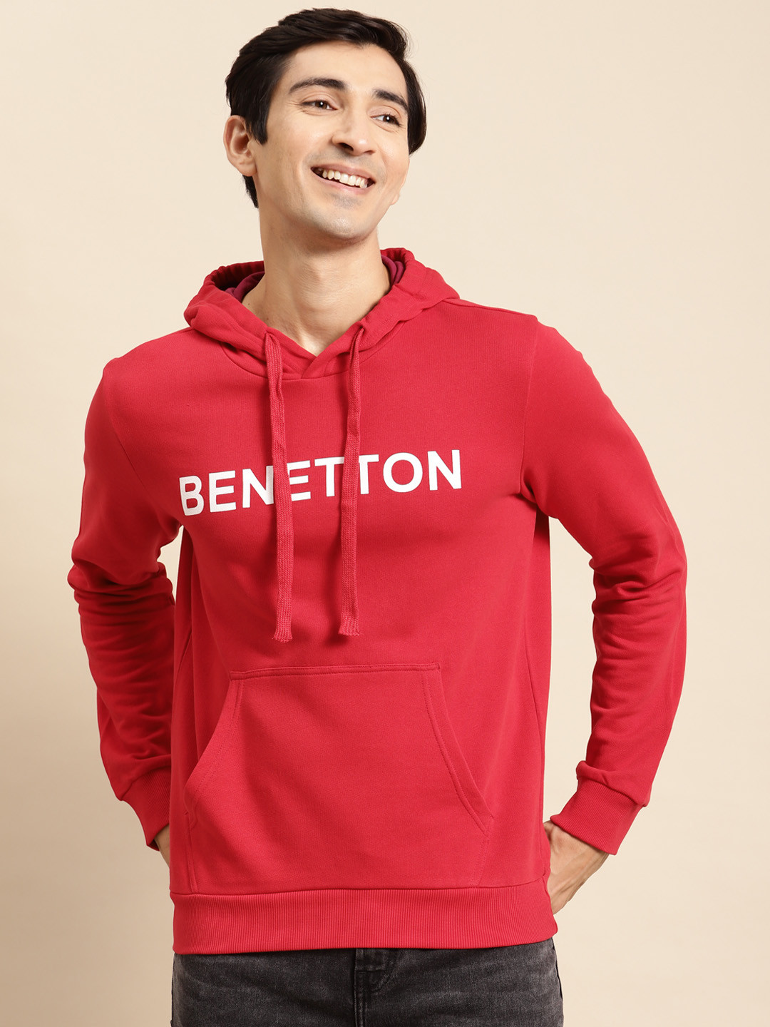 

United Colors of Benetton Men Red Logo Printed Hooded Pure Cotton Sweatshirt