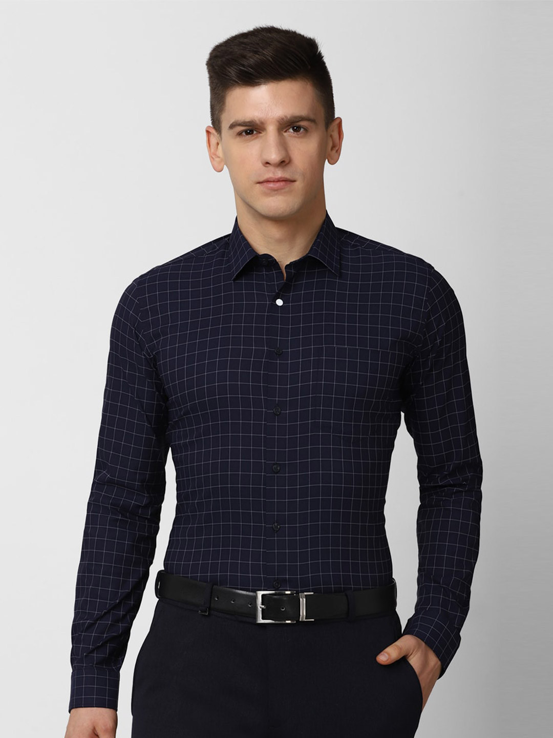 

Van Heusen Men Navy Blue Slim Fit Grid Tattersall Checks Checked Formal Shirt