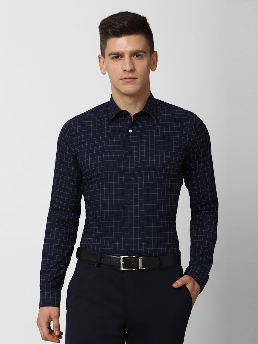 

Van Heusen Men Navy Blue Slim Fit Grid Tattersall Checks Checked Formal Shirt