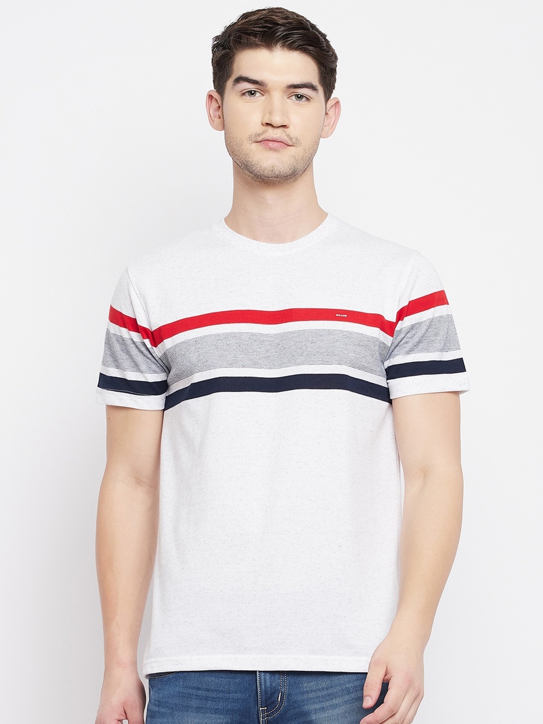 

Okane Men Grey Striped Applique T-shirt