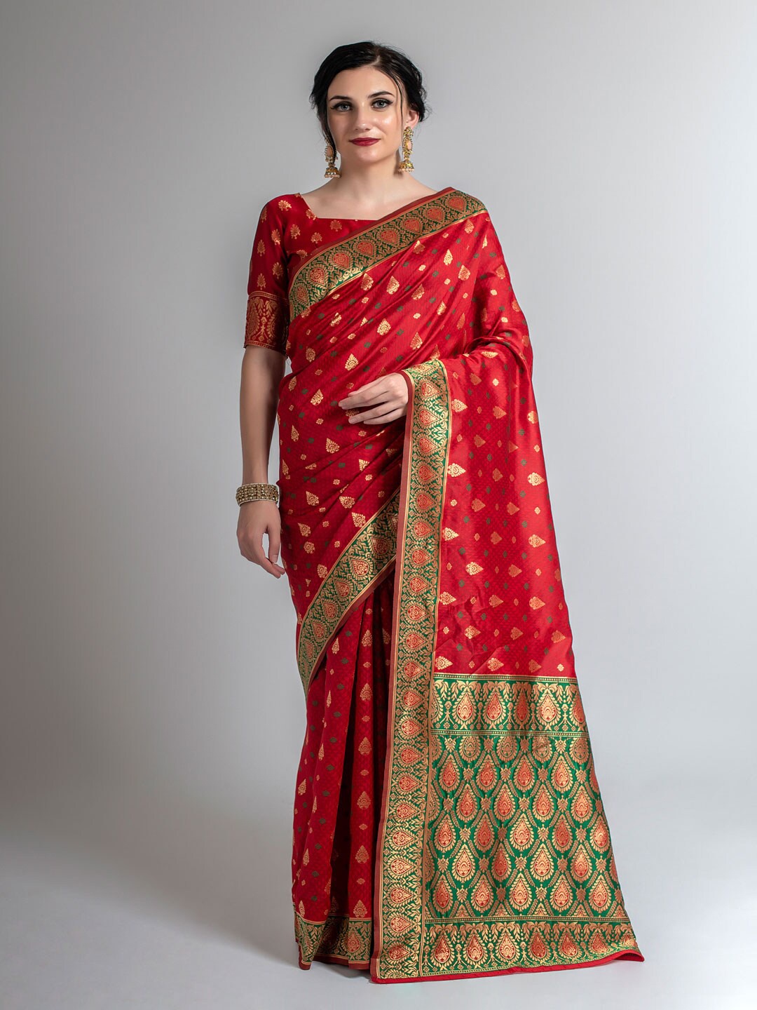 

Lilots Red & Brown Woven Design Zari Silk Blend Kota Saree