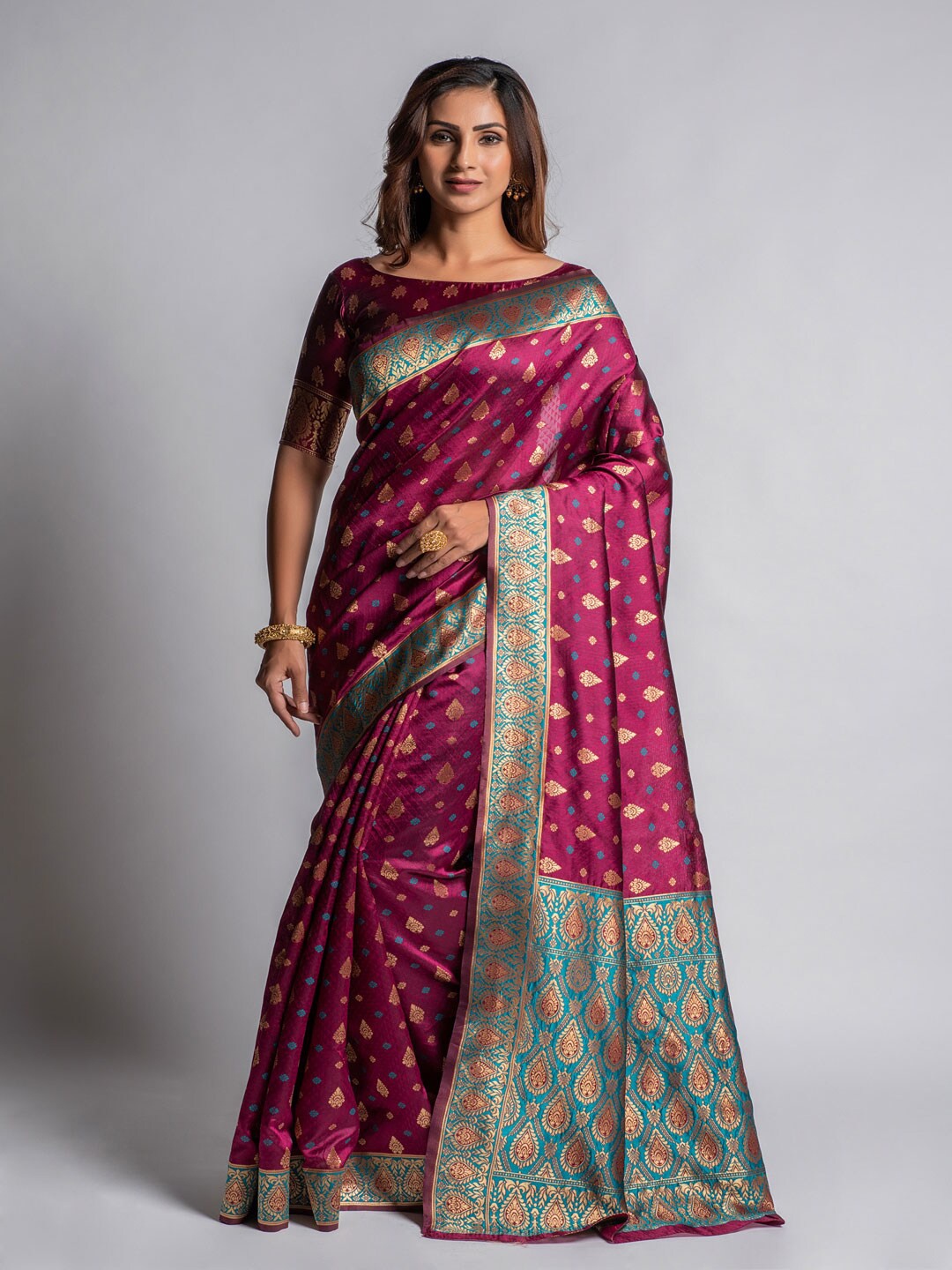 

Lilots Burgundy & Blue Ethnic Motifs Woven Design Kota Saree