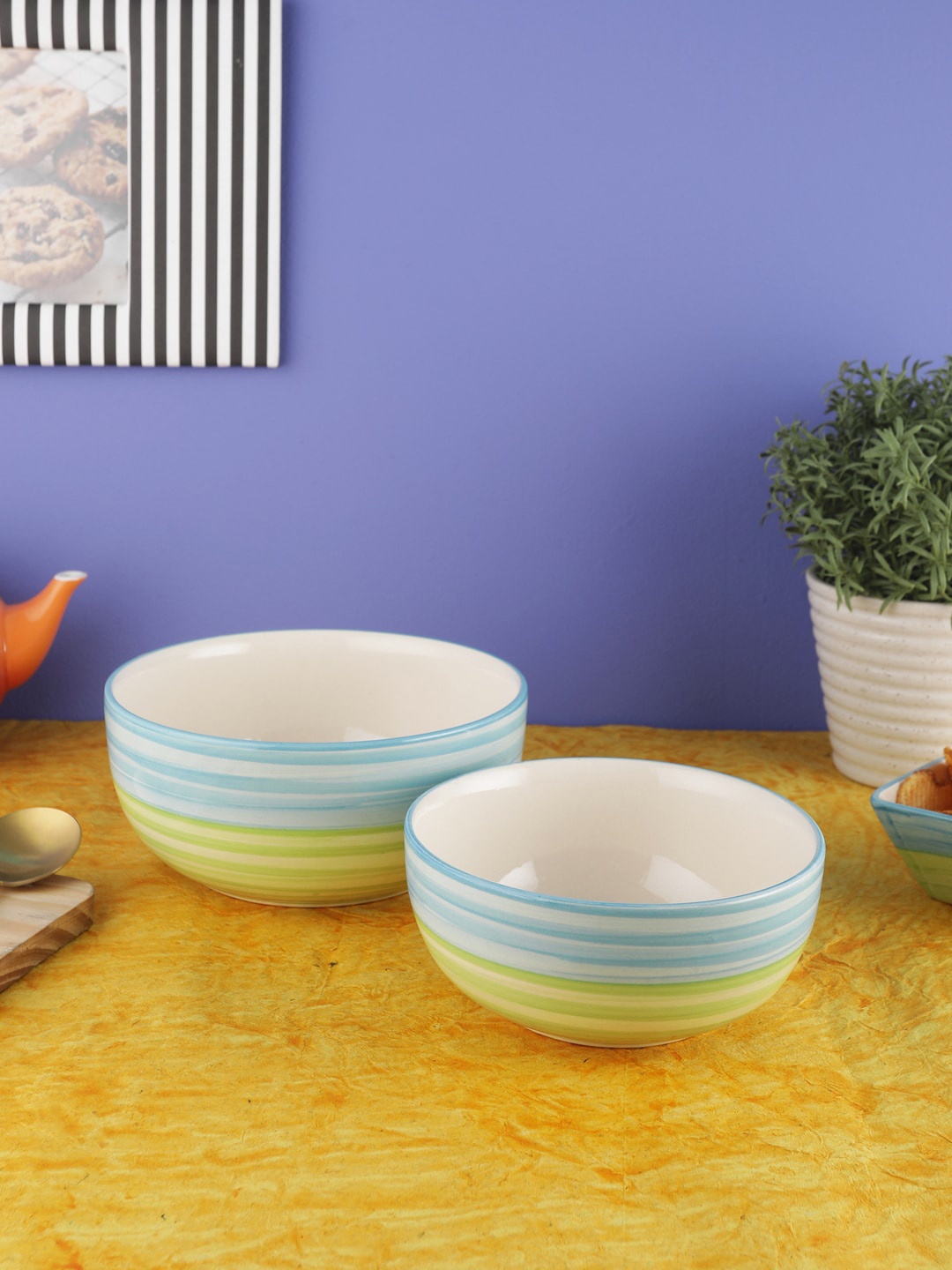 

VarEesha Set of 2 Green & Blue Striped Ceramic Serving Bowls 1750 ml