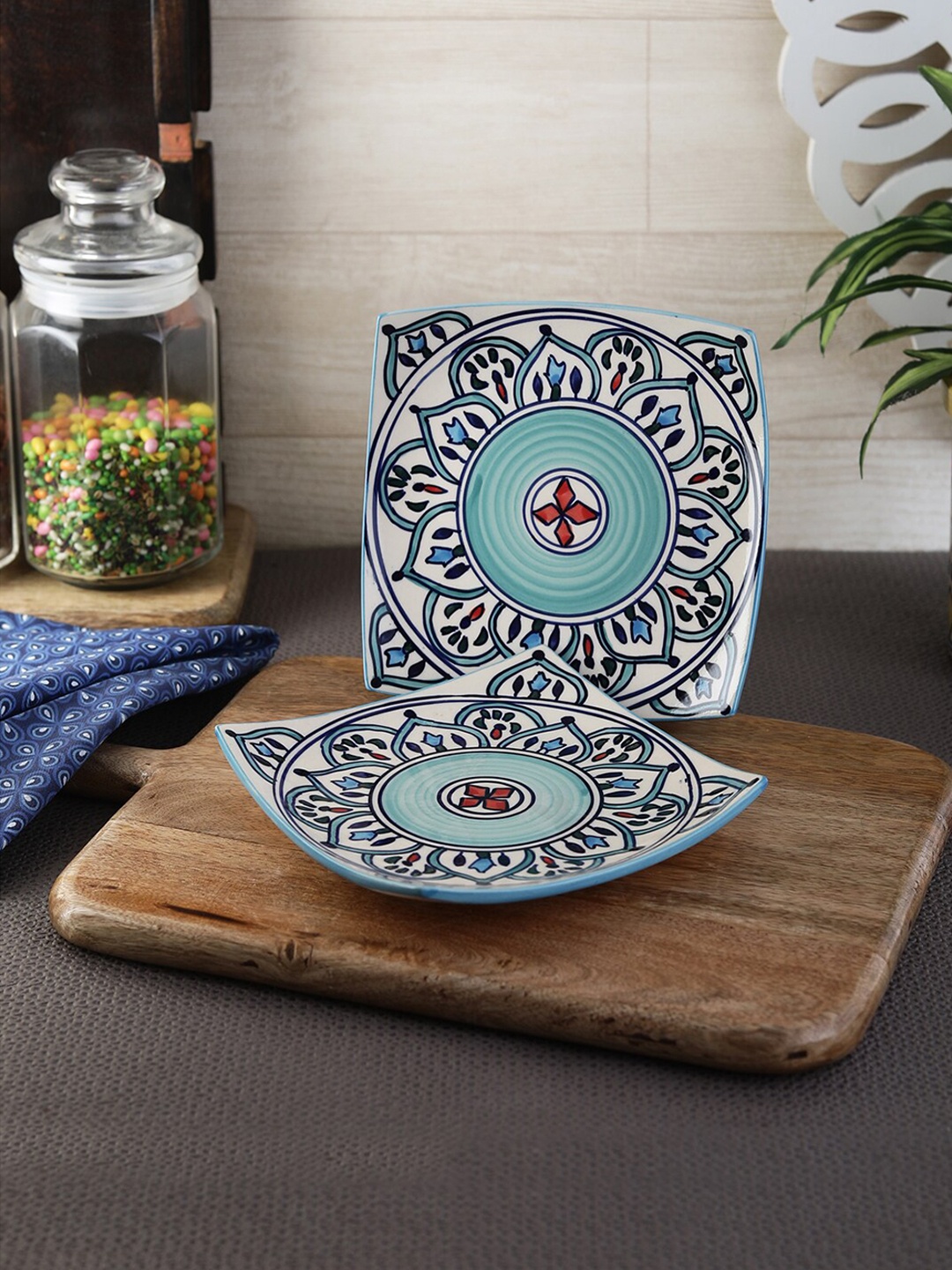 

VarEesha Set Of 2 Blue & Cream-Toned Printed Ceramic Square Serving Plates, Green