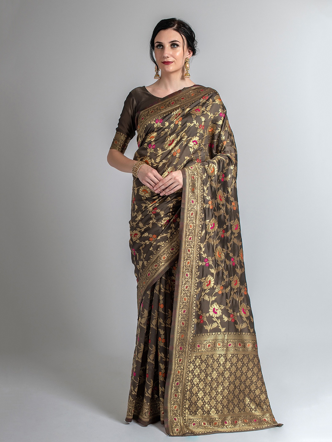 

Lilots Brown & Golden Floral Zari Kota Saree