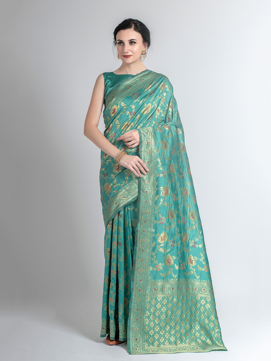 

Lilots Turquoise Blue & Golden Floral Zari Silk Blend Kota Saree