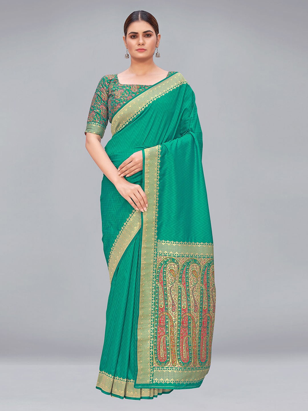 

MONJOLIKA FASHION Turquoise Blue & Gold-Toned Woven Design Zari Silk Blend Banarasi Saree