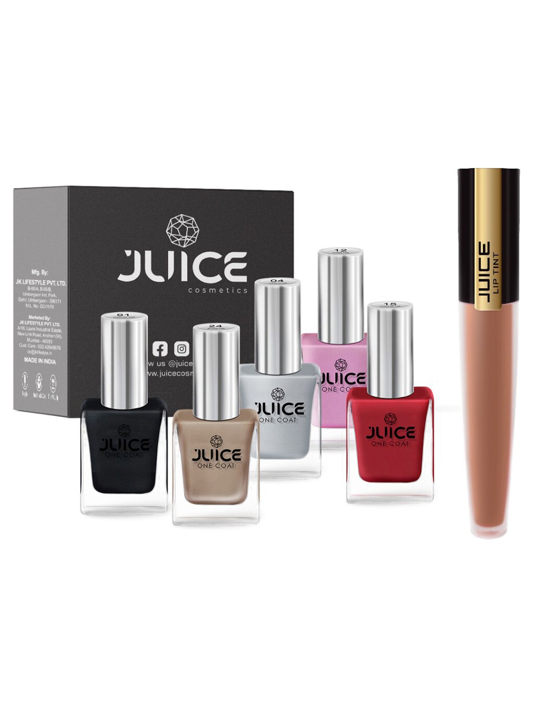 

JUICE Set of 5 One Coat Nail Polishes with 1 Liptint - Brown, Multi