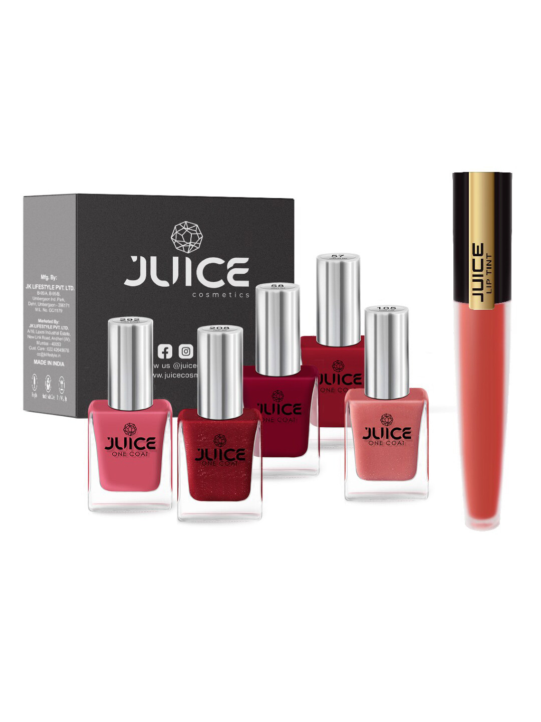 

JUICE Set of 5 One Coat Nail Polishes with Lip Tint - Red M-20