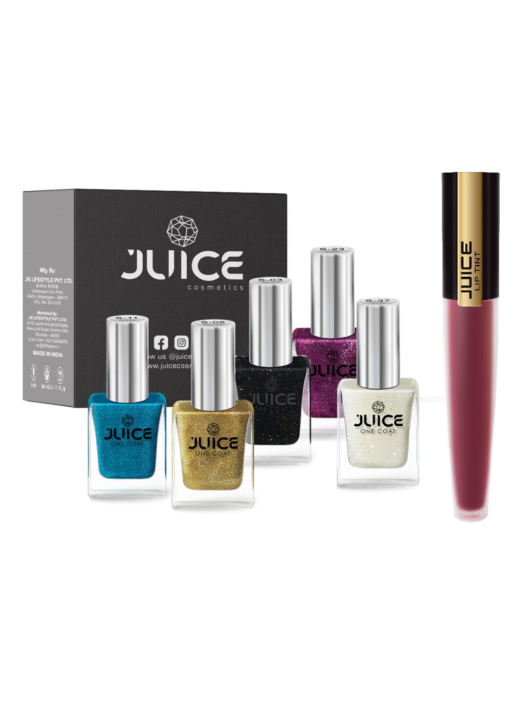 

JUICE Set of 5 One Coat Nail Polishes with Lip Tint - Burgundy M-44, Multi