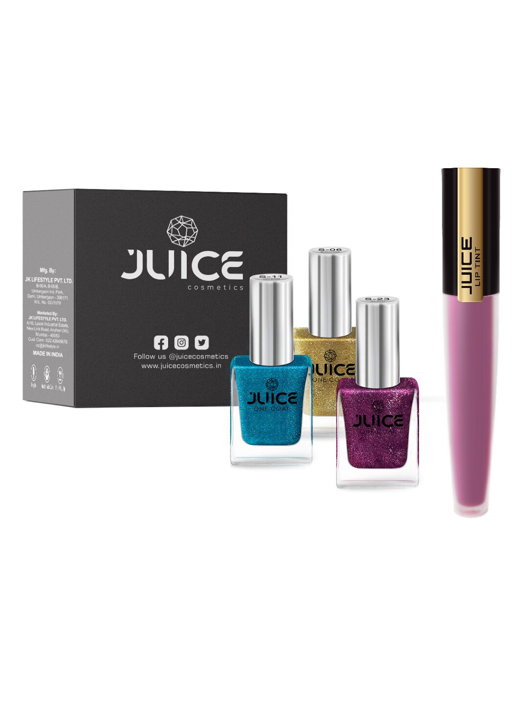 

JUICE Set of 3 One Coat Nail Polishes with Lip Tint - Hollywood Nights M-83, Blue