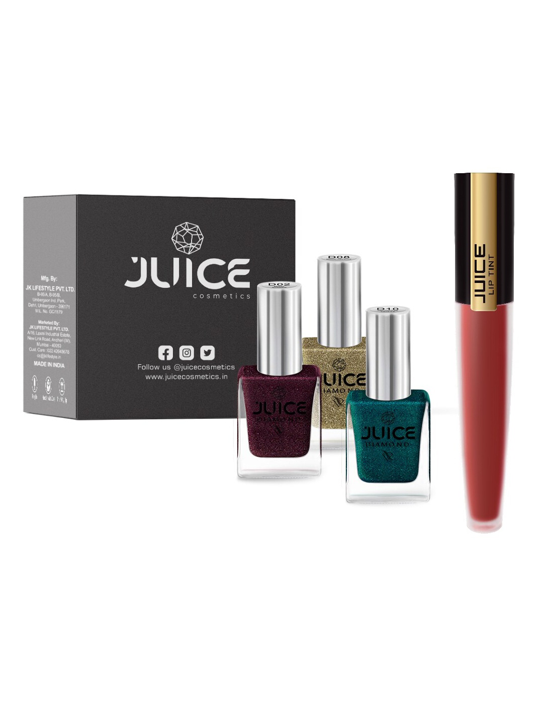 

JUICE Set of 3 One Coat Nail Polishes with Lip Tint - Red Velvet M-07, Multi