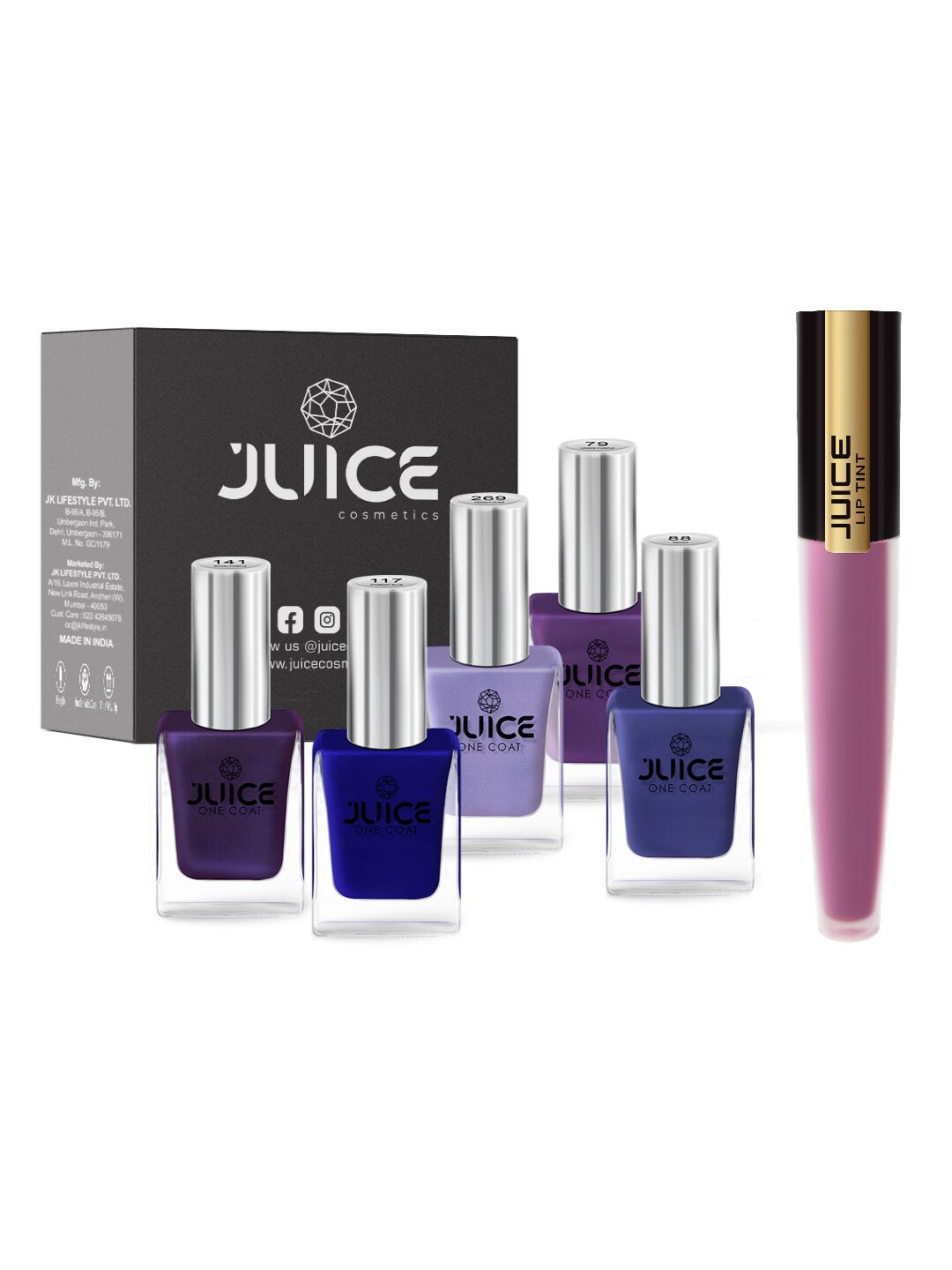 

JUICE Set of 5 One Coat Nail Polishes with Lip Tint - Purple M-83, Multi