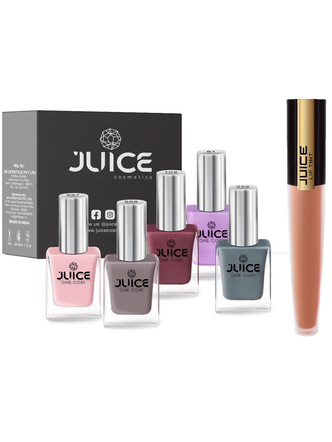 

JUICE Set of 5 One Coat Nail Polishes with Lip Tint - Brown M-74, Multi