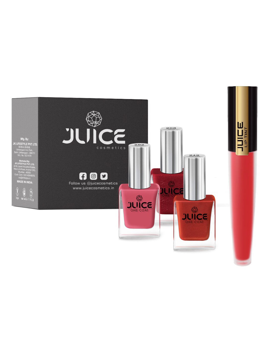 

JUICE Set of 3 One Coat Nail Polishes with Lip Tint - Red Punch M-24