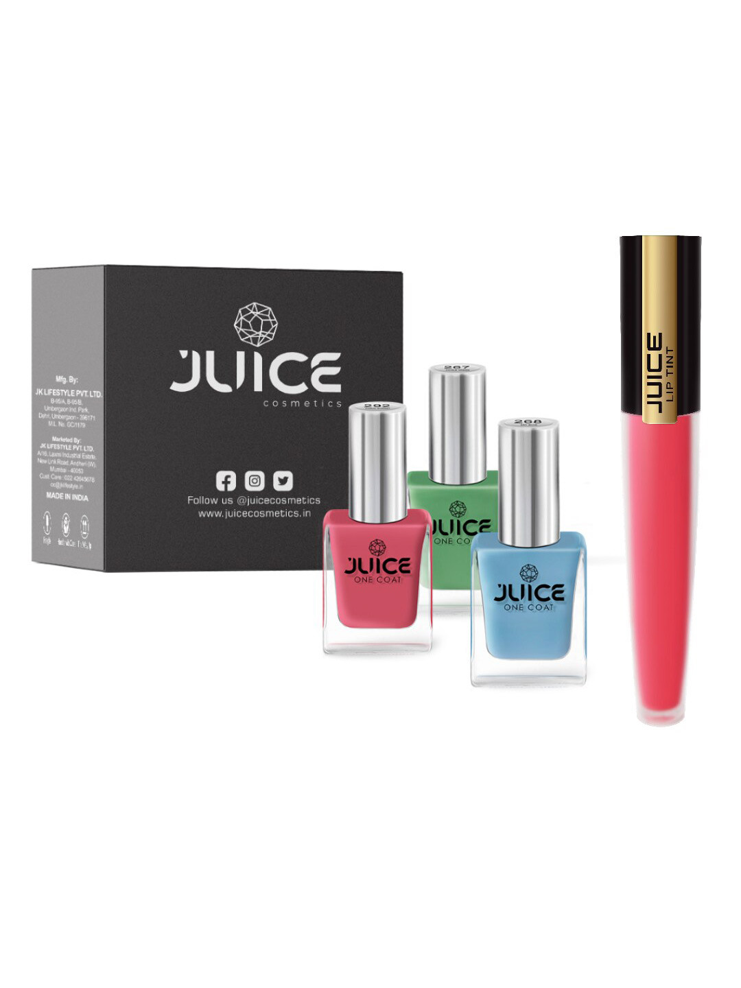

JUICE Set of 3 One Coat Nail Polishes with Lip Tint - Dusty Rose M-11, Green