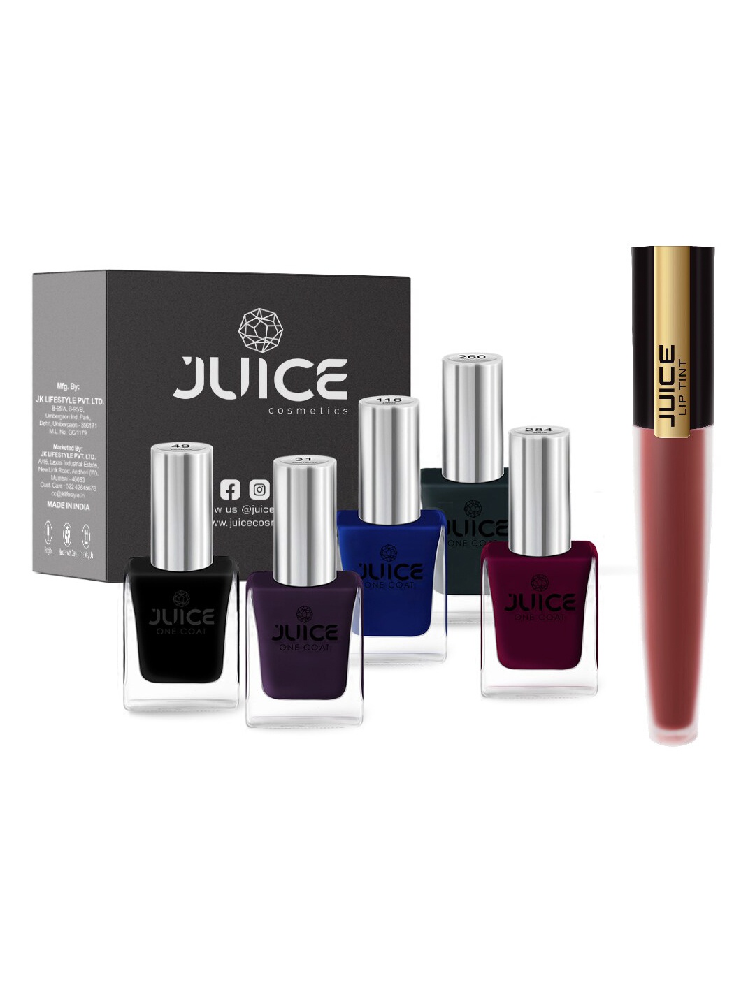 

JUICE Set of Lip Tint - Brown M-73 & 5 One Coat Nail Polishes, Multi