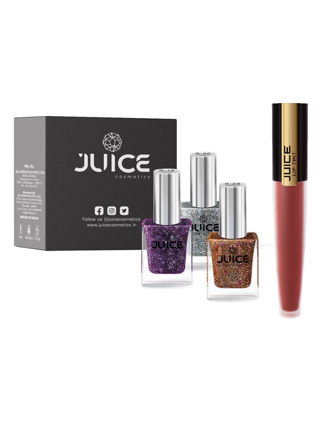 

JUICE Set of 3 One Coat Nail Polishes with Lip Tint - Madly Maroon M-43, Purple